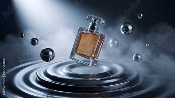 Obraz Perfume Bottle Above Metallic Ripple Platform with Chrome Spheres