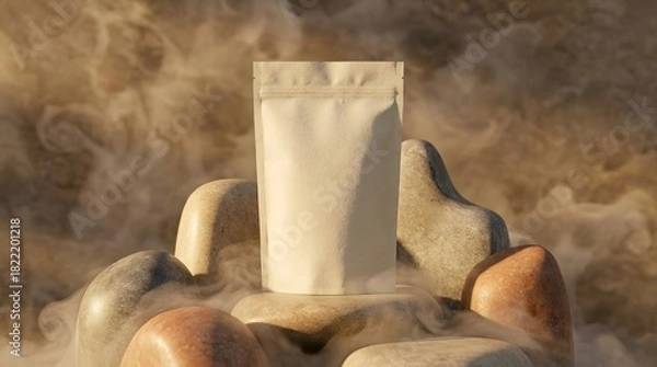 Obraz Product Pouch on Sculpted Stonelike Shapes with Cinematic Fog