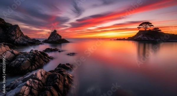 Obraz Beautiful scenery of rocky coast and peaceful sea at sunset
