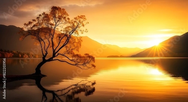 Obraz Scenic golden sunset reflecting over calm lake surrounded by mountains
