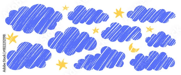 Fototapeta Crayon cloud with moon and stars hand drawn vector texture illustration set isolated on white.