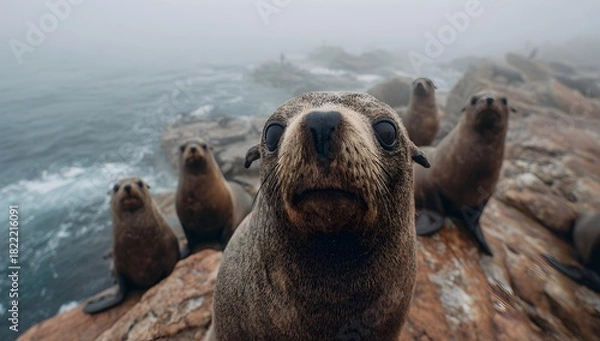 Obraz Playful group of curious seals resting on rocky shores in misty coastal weather. Close-up wildlife shot capturing natural behavior and marine atmosphere, ideal for nature and adventure themes.
