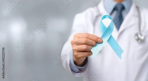 Obraz Doctor holding a light blue awareness ribbon, symbolizing support and prevention for health-related causes. Close-up medical concept focused on care, awareness, and professional healthcare advocacy.