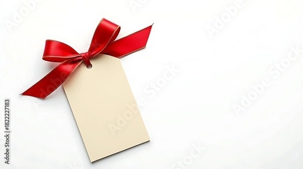 Obraz Blank gift tag with red ribbon bow, isolated on white background