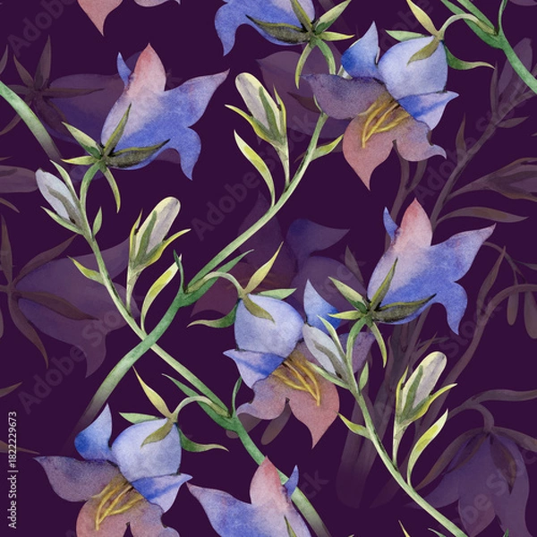 Fototapeta Seamless pattern with painted blue wildflowers. Watercolor illustration with bells on a dark background. Seamless floral background for wallpaper, textiles and printing.
