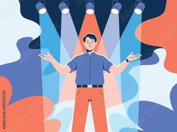 Fototapeta A man stands with his arms outstretched under spotlights on a stage.