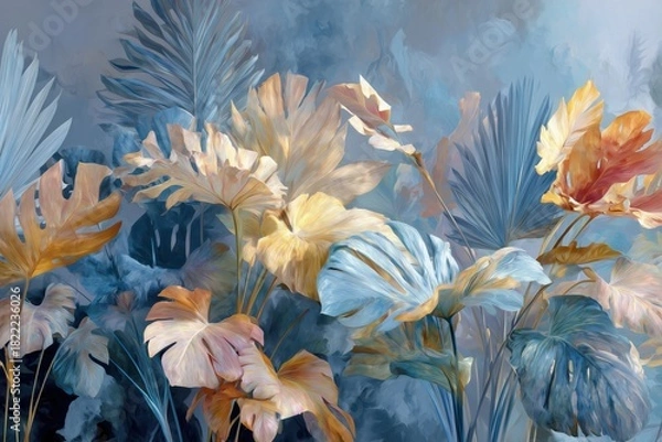 Fototapeta large-scale contemporary atmospheric abstraction with zero literal floral forms, inspired loosely by the motion and dispersal of monstera and oak plant, soft vaporous filament textured background