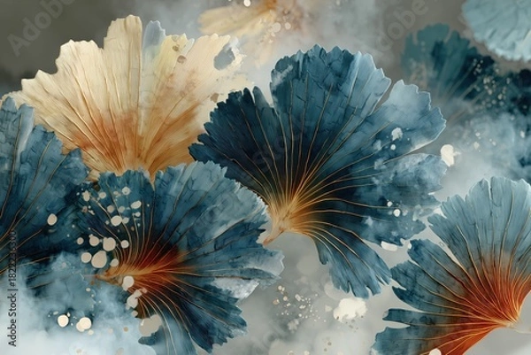 Fototapeta large-scale contemporary atmospheric abstraction with zero literal floral forms, inspired loosely by the motion and dispersal of monstera and oak plant, soft vaporous filament textured background