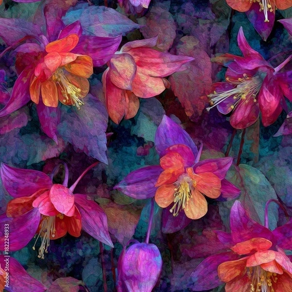 Fototapeta A seamless floral pattern features stylized fuchsia blooms in shades of vibrant magenta, deep purple, and bright orange against dark leaves.