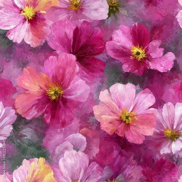 Fototapeta Artistic floral background featuring blooming pink cosmos flowers with deep magenta shadows and bright yellow centers painted in an expressive oil style.