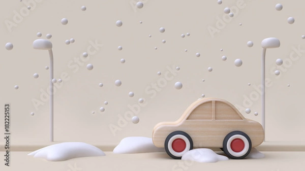 Fototapeta abstract car on road wood toy winter new year concept 3d rendering