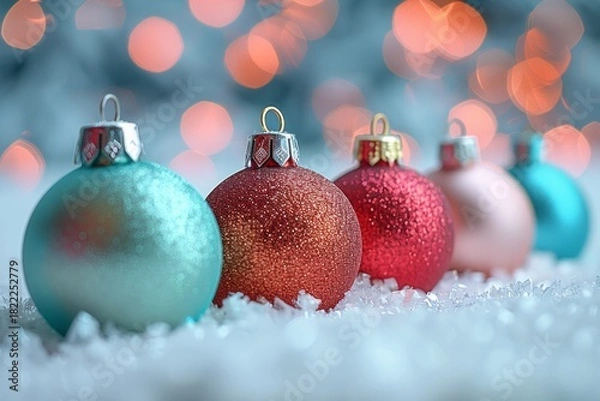 Fototapeta Multicolored Christmas ornaments on soft snow with warm glowing bokeh lights in the background creating cozy festive feel