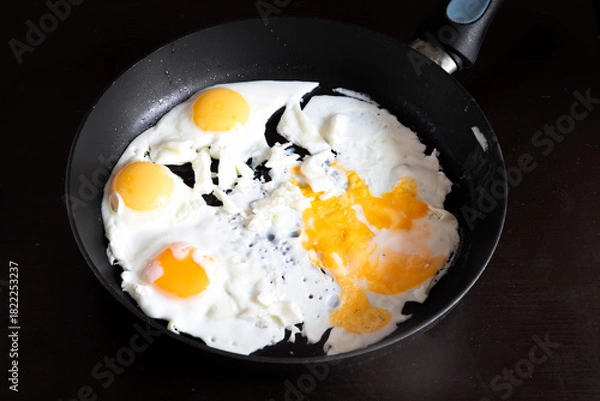 Obraz Fried eggs in a frying pan on a black table