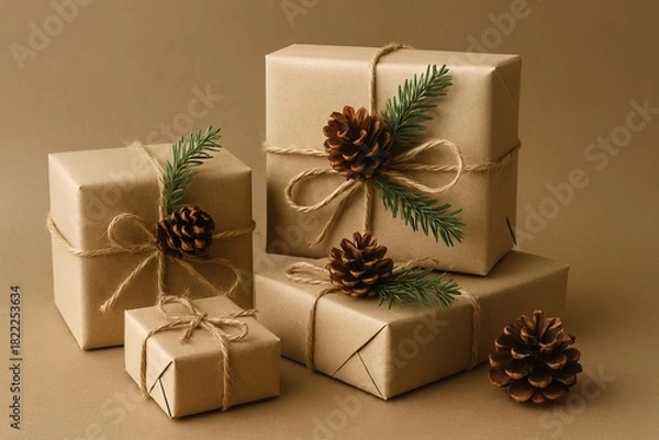 Fototapeta Gift boxes wrapped kraft paper pine cones evergreen branches rustic decoration eco friendly handmade Christmas holiday minimal natural design sustainable