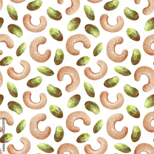 Fototapeta Watercolor pistachios, cashews, seamless pattern on a white background. Hand-drawn illustration of healthy snacks.