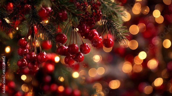 Fototapeta Magical Christmas and New Year background featuring a Christmas tree adorned with red cherry decorations and glowing gold lights.
