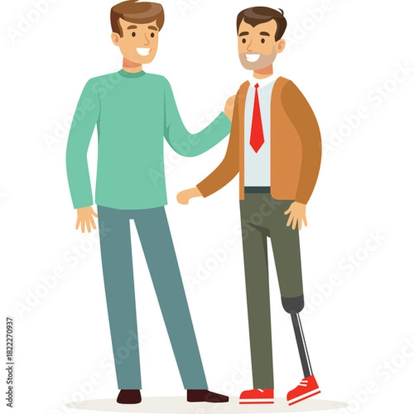 Fototapeta Two smiling men one with a prosthetic leg standing together in a friendly pose with one hand on the other's shoulder against a transparent background in a casual and professional setting