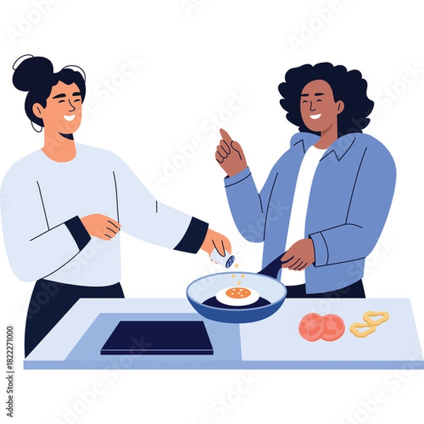 Fototapeta Two smiling people happily cooking breakfast together in a well lit kitchen with one person frying an egg in a pan and the other preparing ingredients on a light blue counter top