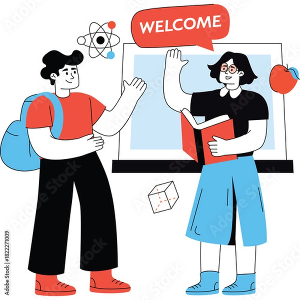 Fototapeta Two smiling students with backpacks and books waving hello in a classroom with a welcome sign and science symbols