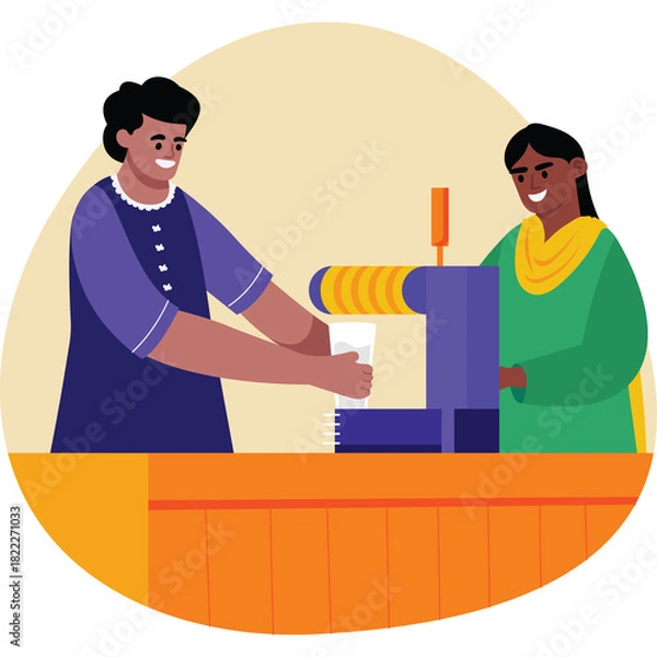 Fototapeta Two smiling women are preparing drinks at a beverage stand in a bright indoor setting with a pale yellow background and orange counter detail illustration