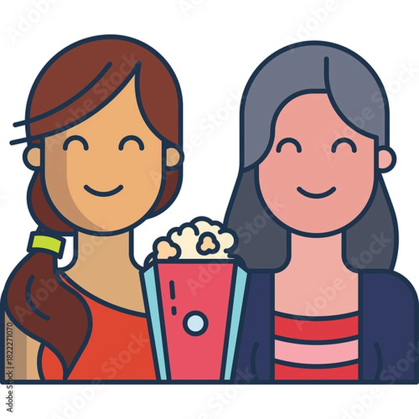 Fototapeta Two Smiling Women Sharing Popcorn A Joyful Moment of Friendship and Leisure Activities With One Woman Having Brown Hair Tied in a Ponytail and the Other with Gray Hair Enjoying a Snack Together in a