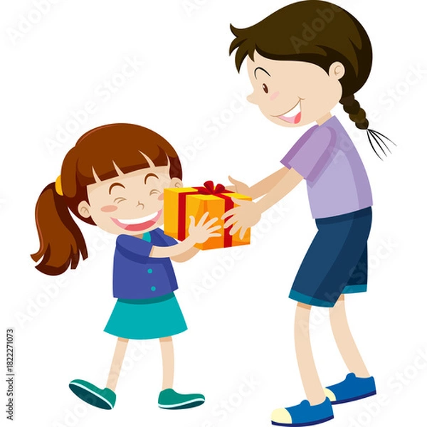 Fototapeta Two smiling young girls happily exchanging a vibrant yellow gift box with a red ribbon on a transparent background in a simple illustration style
