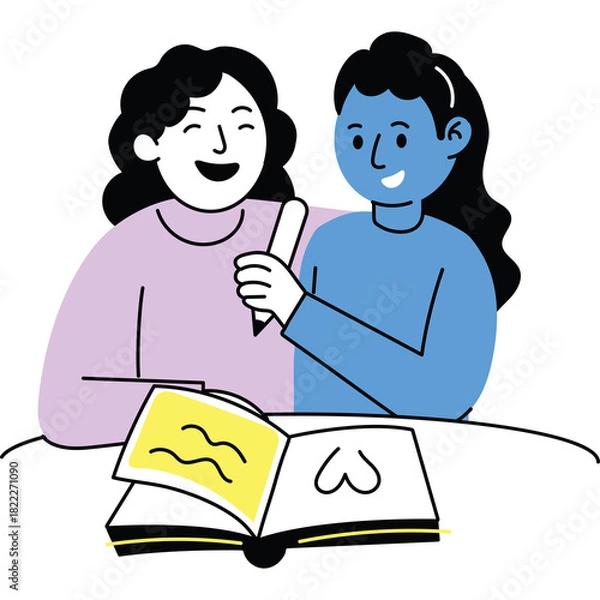 Fototapeta Two smiling young women one with dark hair in a lavender sweater and the other with dark hair and a blue top writing in a book together with a white background