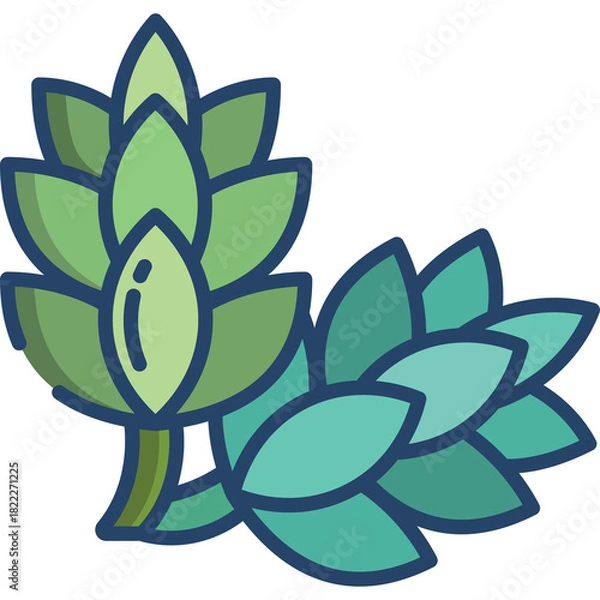 Fototapeta Two Sprigs of Lilac Flowers in Shades of Green and Teal with Dark Blue Outlines and a Transparent Background