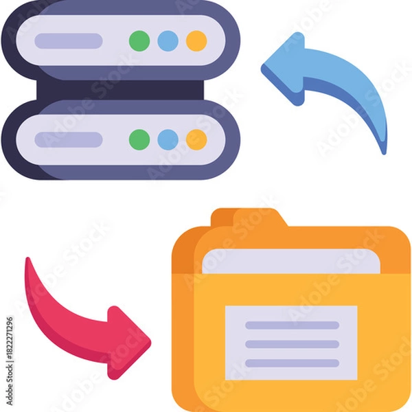 Fototapeta Two stacked computer servers with colorful indicator lights connected to a yellow folder by blue and red arrows indicating data transfer and synchronization