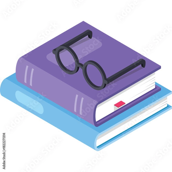 Fototapeta Two stacked books one purple and one light blue with black rimmed glasses on top creating an academic still life composition with a red bookmark peeking out from the purple book