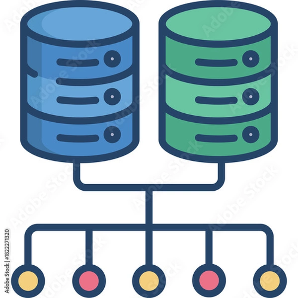 Fototapeta Two Stacked Cylinders Connected to Multiple Circles Representing Data Storage Servers And Network Connections