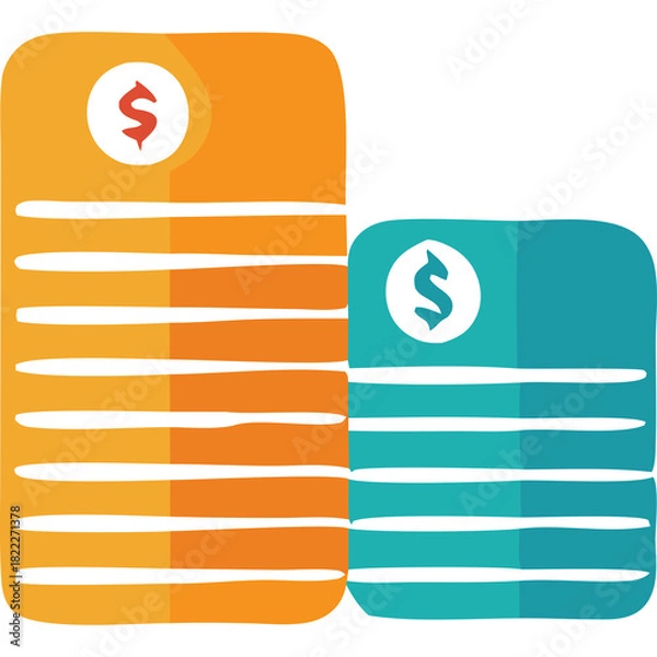 Fototapeta Two stacks of coins in orange and teal colors with dollar signs on a transparent background representing finance and savings