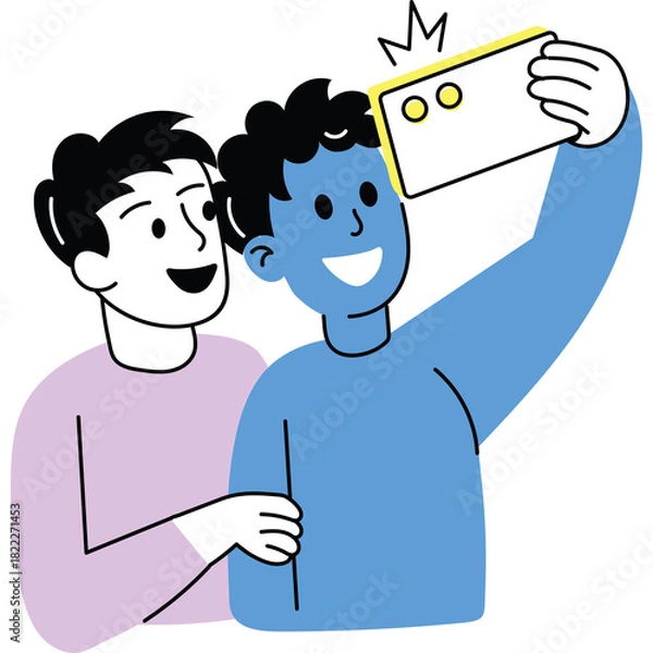 Fototapeta Two smiling friends taking a selfie with a smartphone in a casual setting with a transparent background