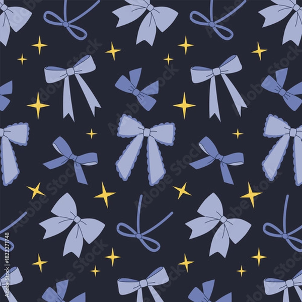 Obraz Seamless pattern with a beautiful blue ribbon bow on a dark background. The aesthetics of a coquette and a ballet style, a girly accessory.