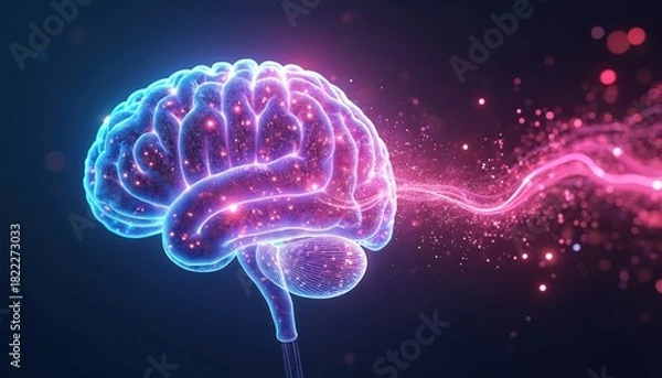 Fototapeta Glowing digital human brain abstractly processes information. Vibrant blue, purple light illuminates neural network connections. Stream of pink data energy flows from brain. Concept for artificial