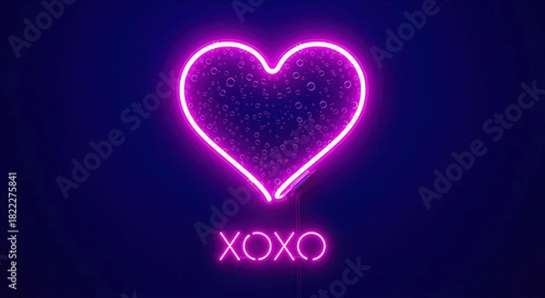 Fototapeta Glowing neon heart and XOXO sign on a dark blue background, conveying love and affection in a modern, vibrant style perfect for Valentine's Day promotions.