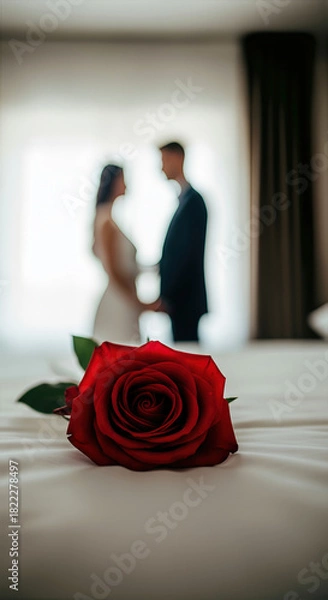 Obraz Close-up of a red rose lying on a bed with a blurred couple in the background, creating a romantic and intimate atmosphere with soft, diffused lighting.