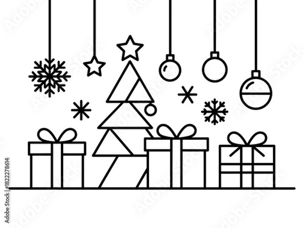 Fototapeta A simple line drawing depicts a Christmas tree, gifts, snowflakes, and ornaments.