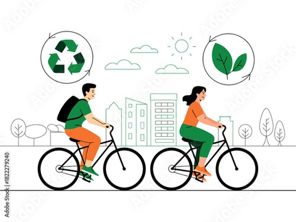 Fototapeta Two people ride bicycles in a city, with symbols for recycling and nature overhead.