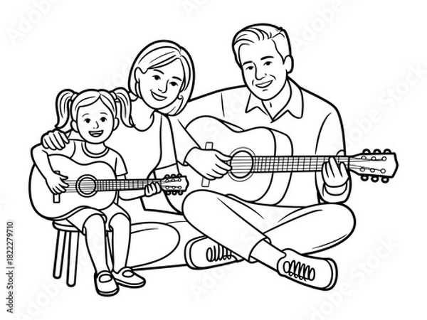 Fototapeta A smiling family of three sits together and plays acoustic guitars, enjoying music.
