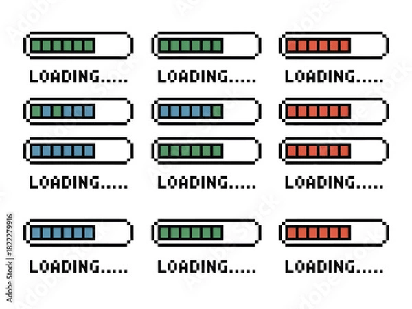 Fototapeta Multiple pixelated loading bars with different colors and progress indicators