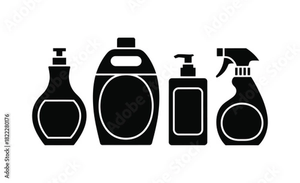 Fototapeta A monochrome depiction of four cleaning product bottles in a row on white background