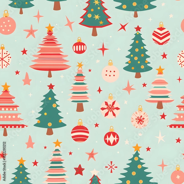 Obraz Christmas tree seamless pattern on light-green background goof for wrap paper, textile, background  