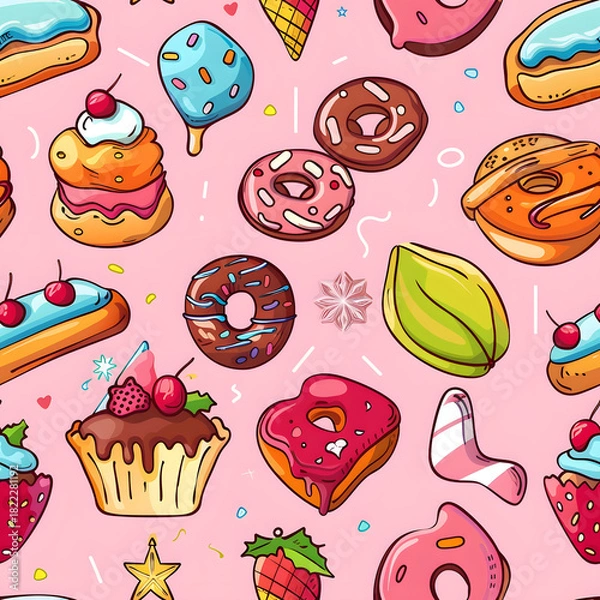 Obraz Seamless pattern with cupcakes pink background 