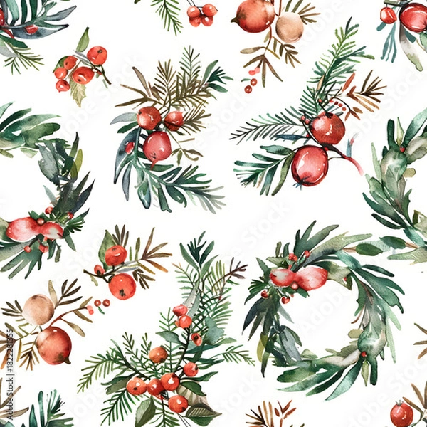 Obraz Christmas seamless pattern with holly berries with white background 