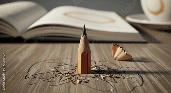 Obraz Sharp pencil stands on wooden desk with book & coffee. Writing time.