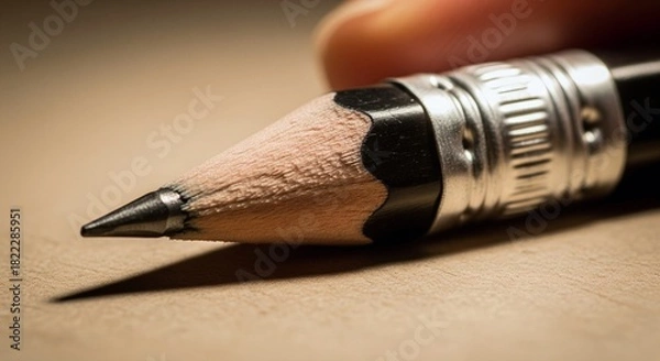 Obraz Close-up of a sharpened black pencil on a tan surface, casting shadow.