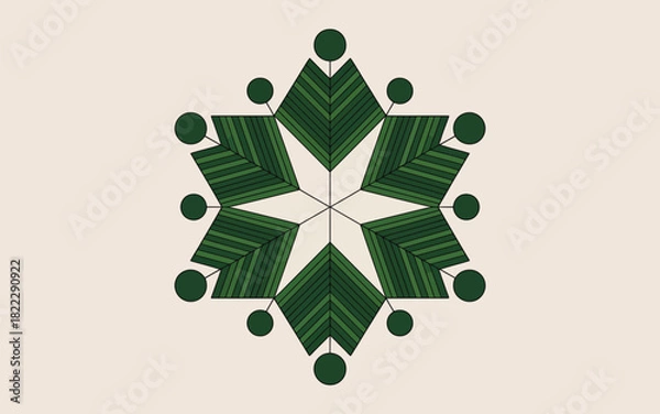 Fototapeta A symmetrical star shape with green striped leaves and green dots on a light cream background art