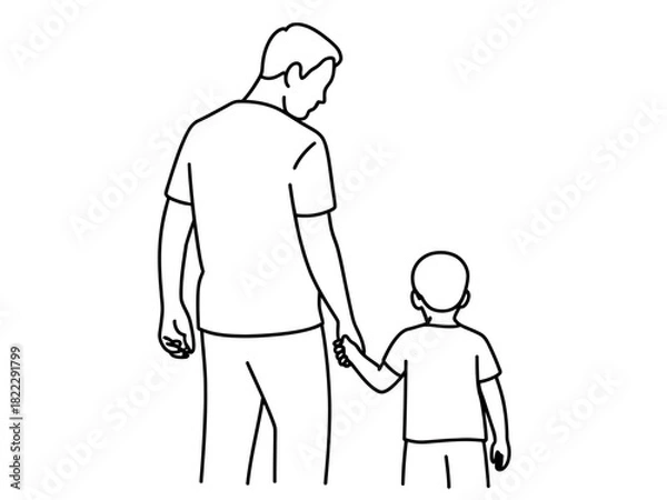 Fototapeta A father and his son walk hand in hand, depicted in a simple line drawing.