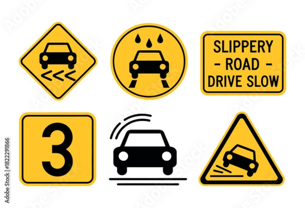 Fototapeta A collection of traffic warning signs indicating slippery roads and hazards for drivers.